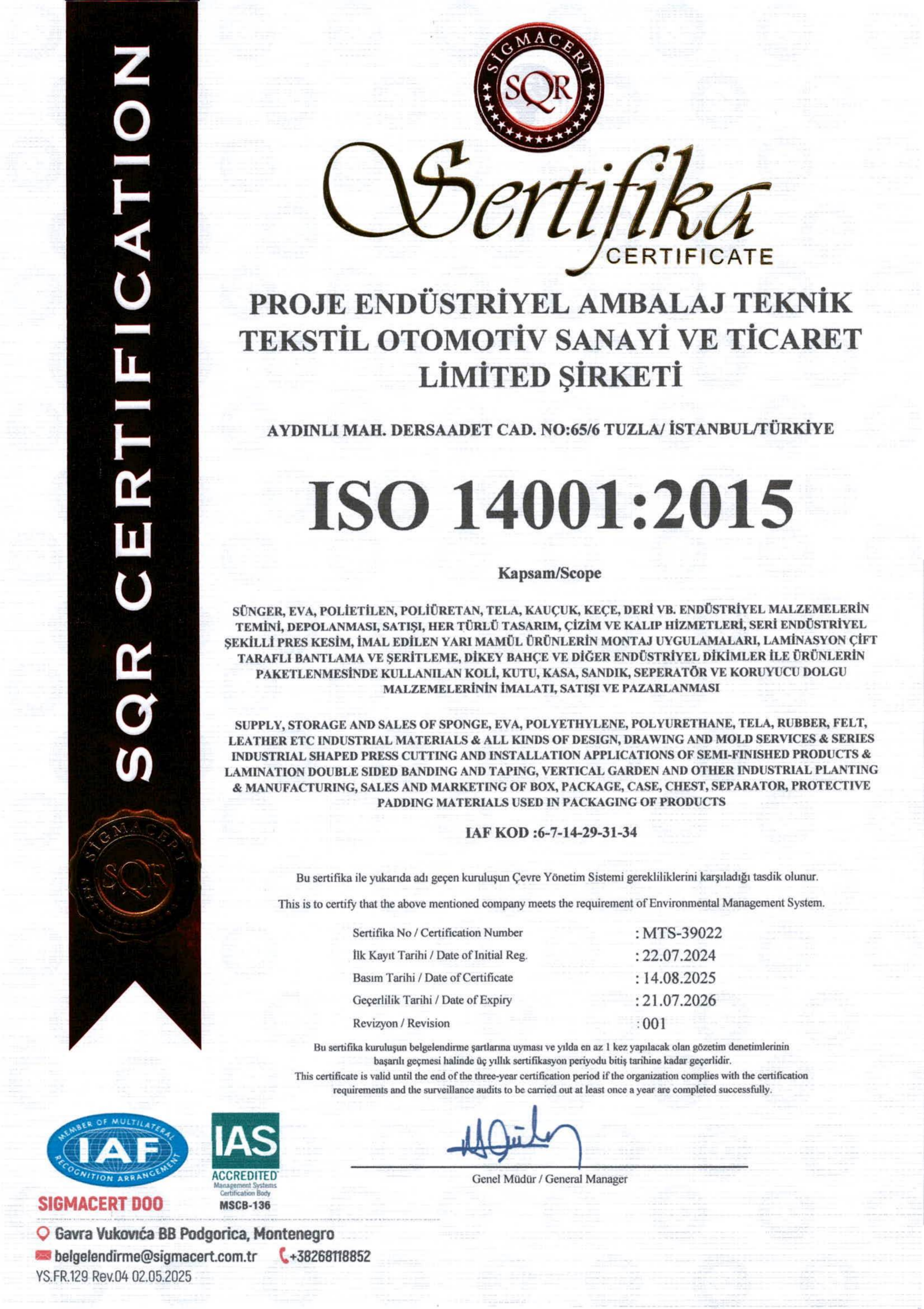 PROJE ENDÜSTRİYEL 14001